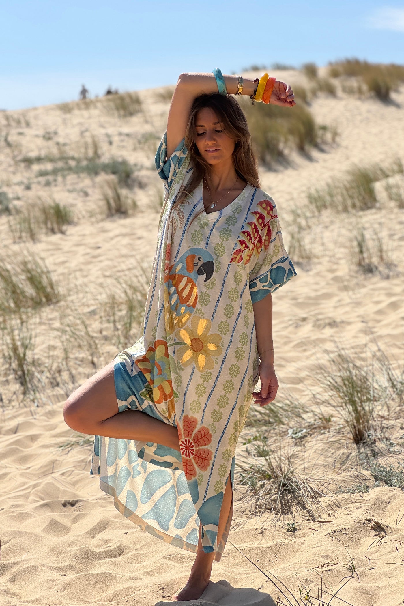 Ivory Pretty Parrot Glitter Knit Caftan
