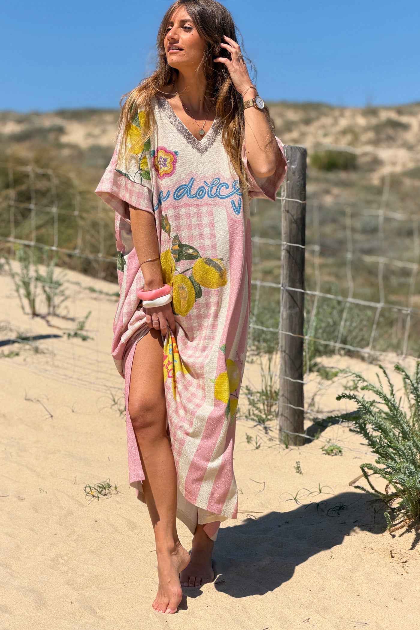 Cream “La Dolce Vita” Pink Gingham and Lemons Glitter Knit Dress
