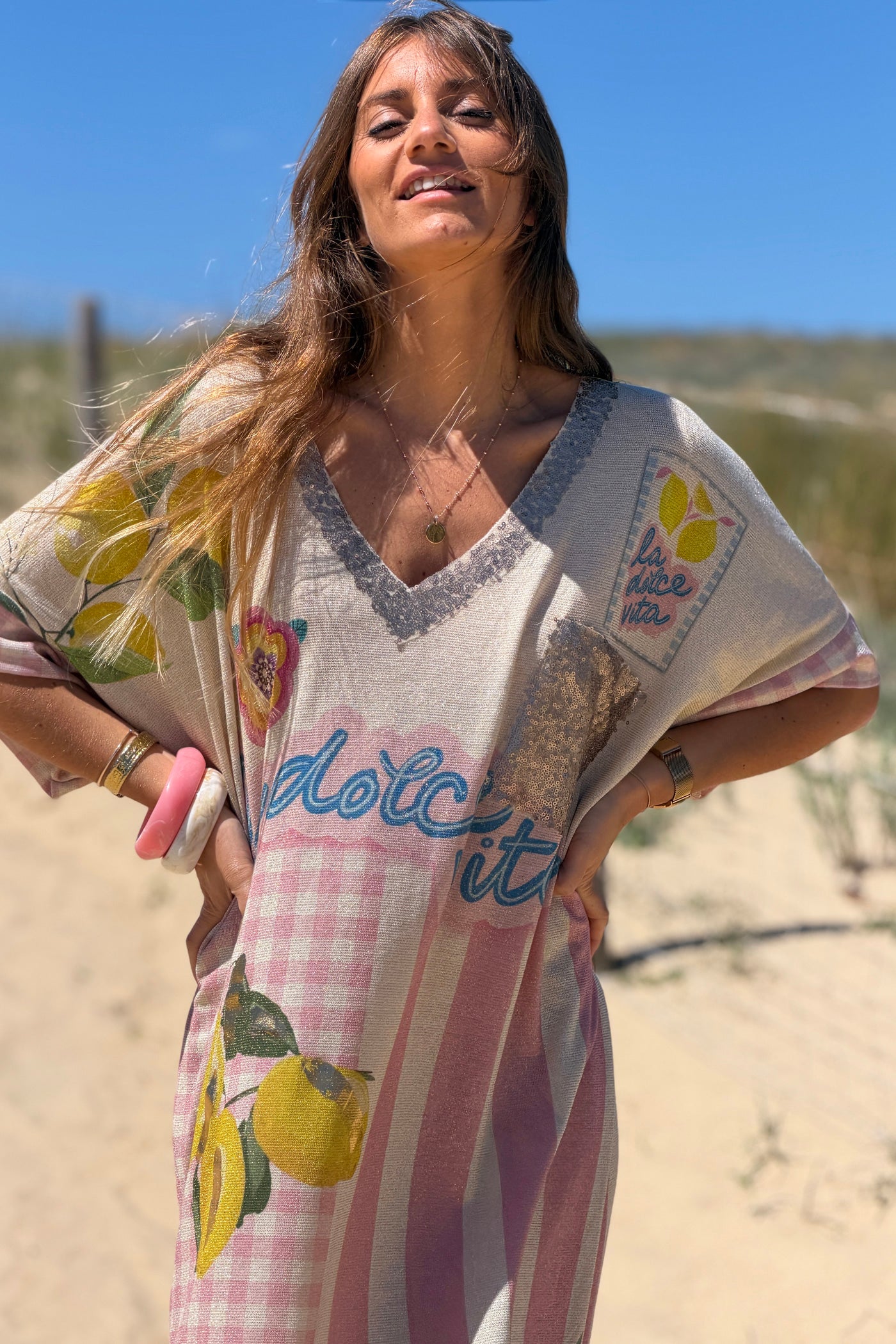 Cream “La Dolce Vita” Pink Gingham and Lemons Glitter Knit Dress