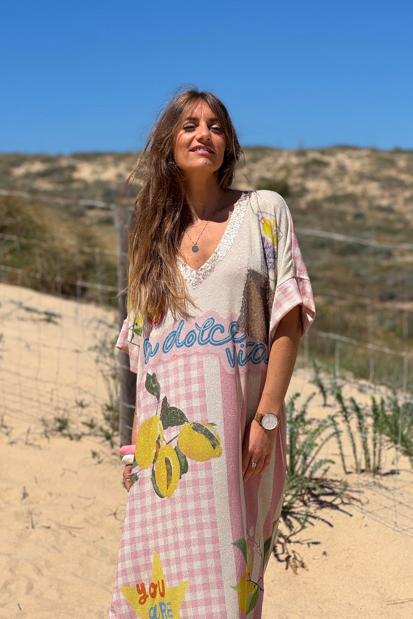 Cream “La Dolce Vita” Pink Gingham and Lemons Glitter Knit Dress