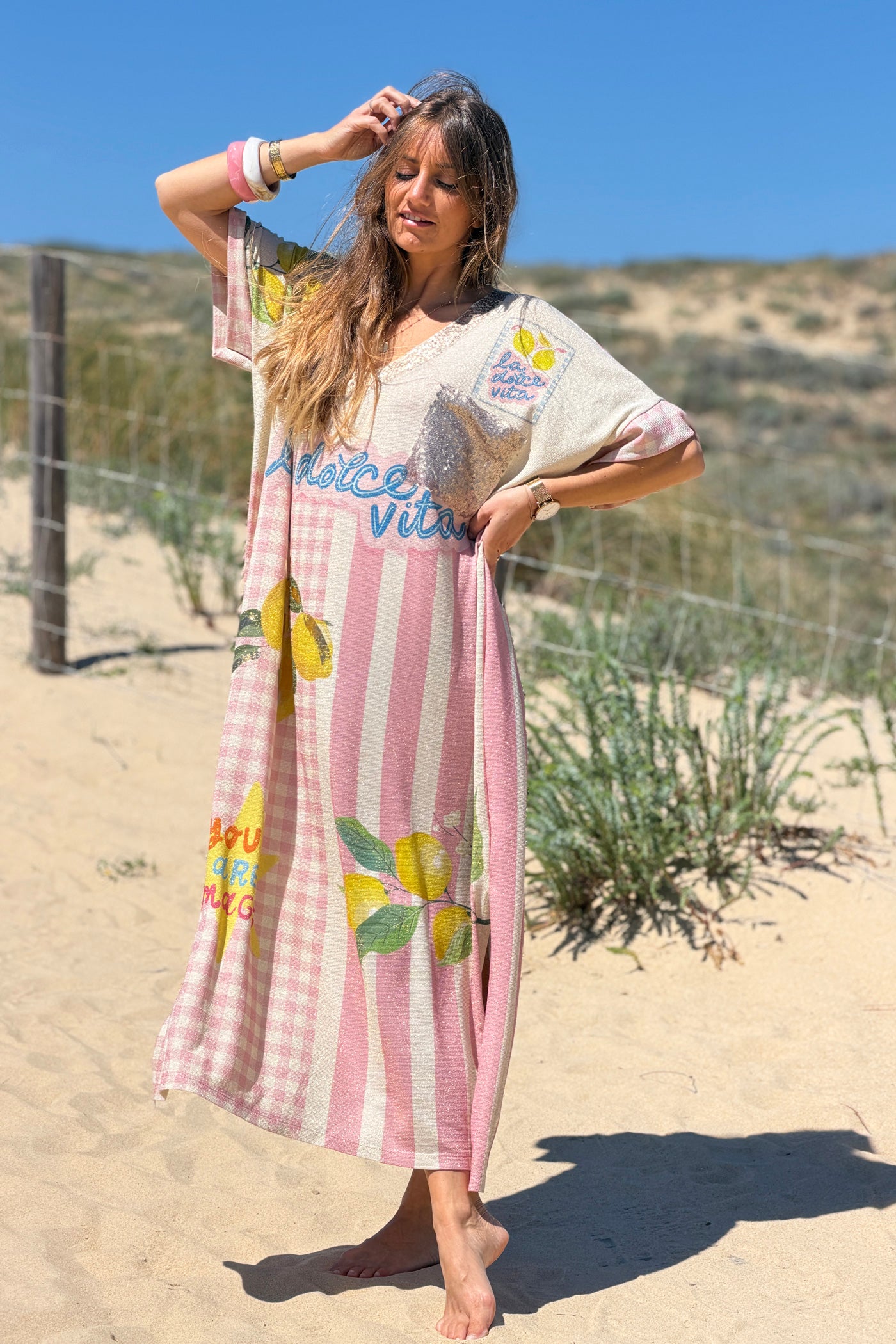 Cream “La Dolce Vita” Pink Gingham and Lemons Glitter Knit Dress