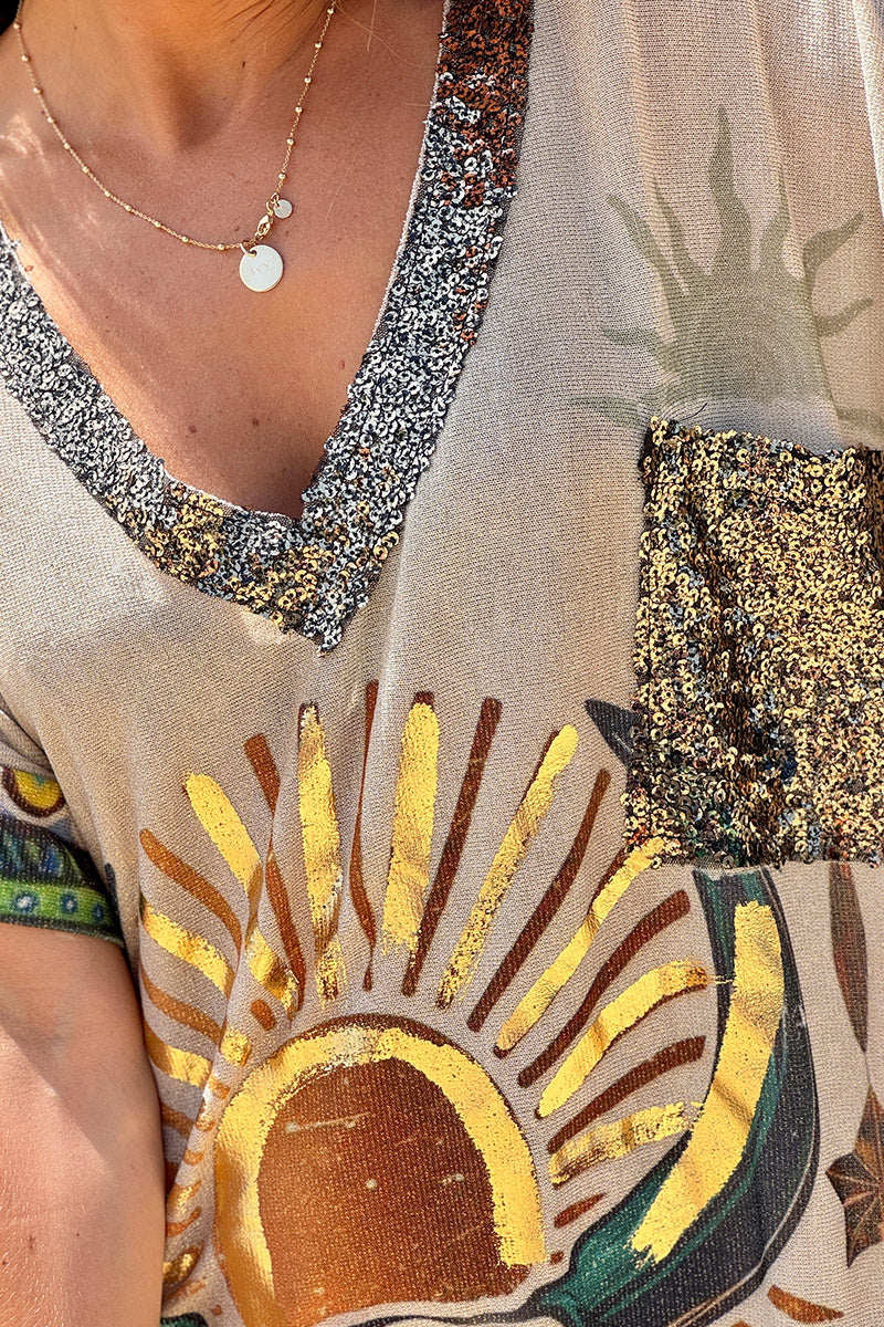 Robe longue brillante motif tete de buffle et cactus verts poche et col sequins