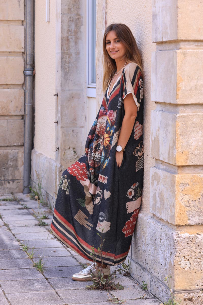 Black metallic maxi dress with gold mexican skull and writing pattern