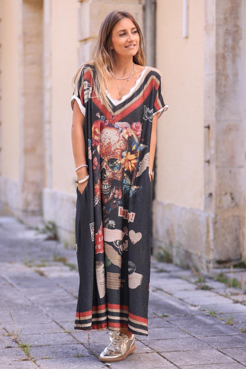 Black metallic maxi dress with gold mexican skull and writing pattern