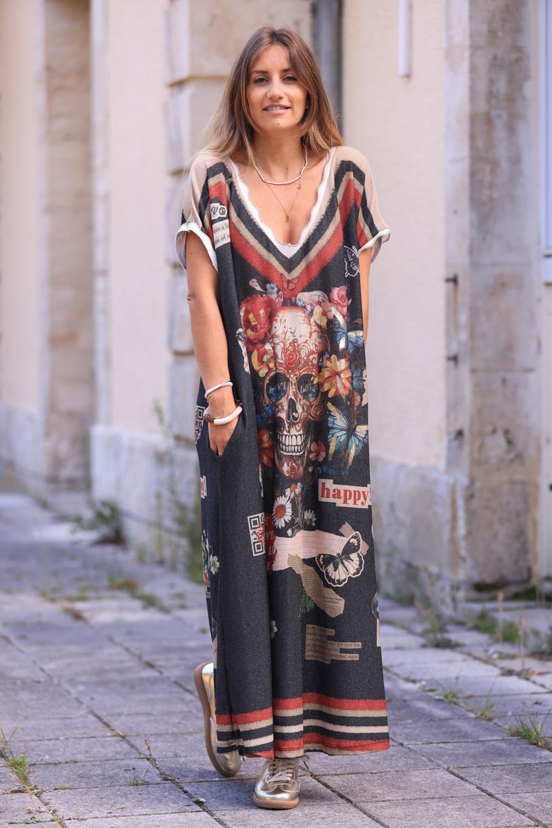 Black metallic maxi dress with gold mexican skull and writing pattern