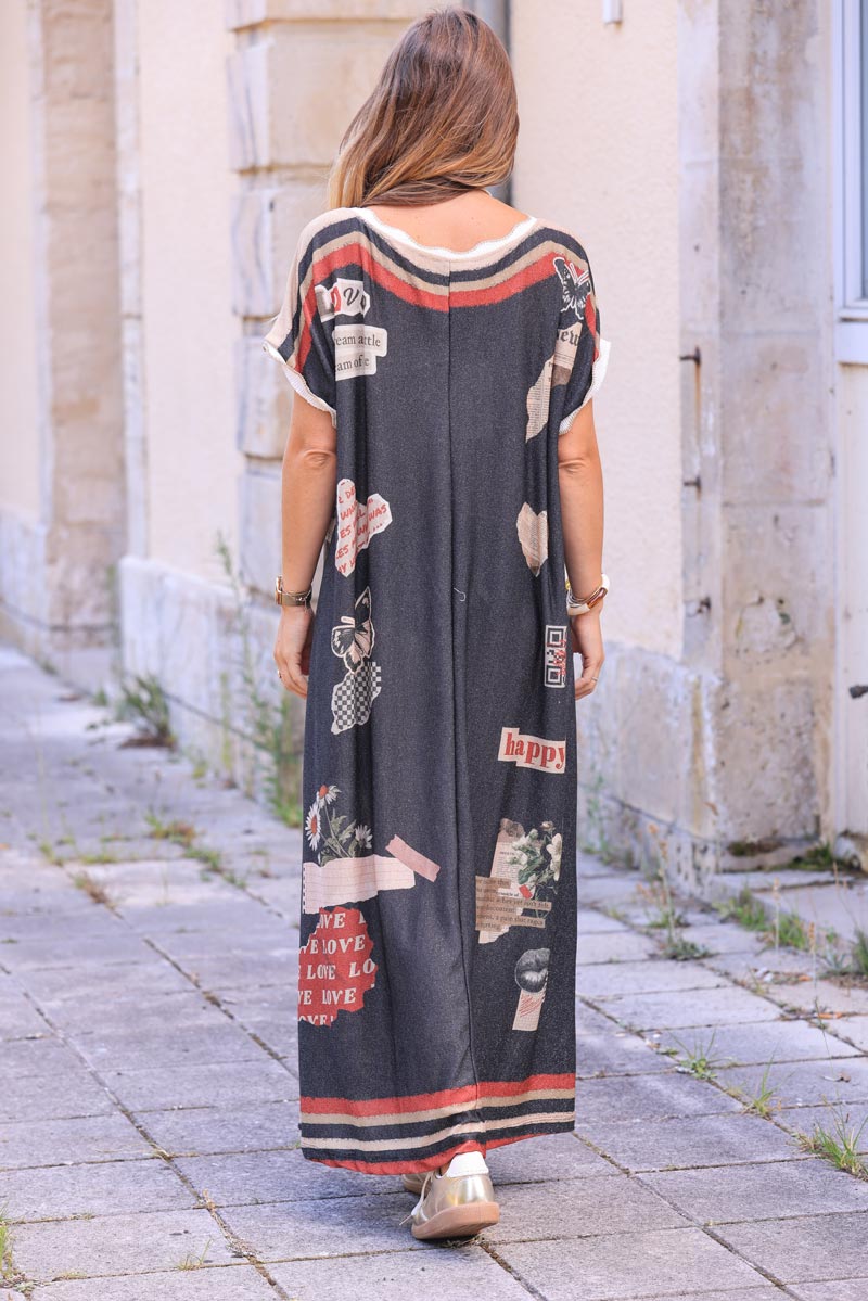 Black metallic maxi dress with gold mexican skull and writing pattern