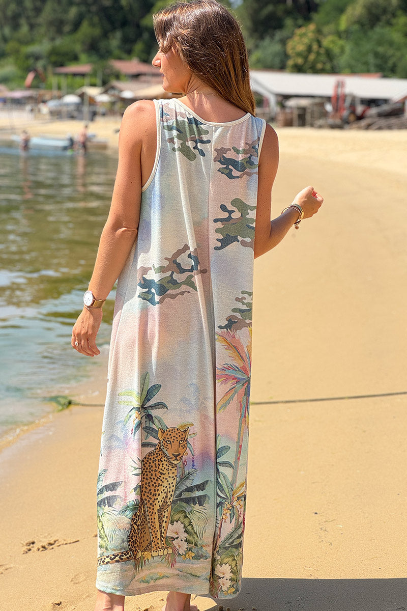 Robe longue brillante sans manches imprimé palmier camo et léopard