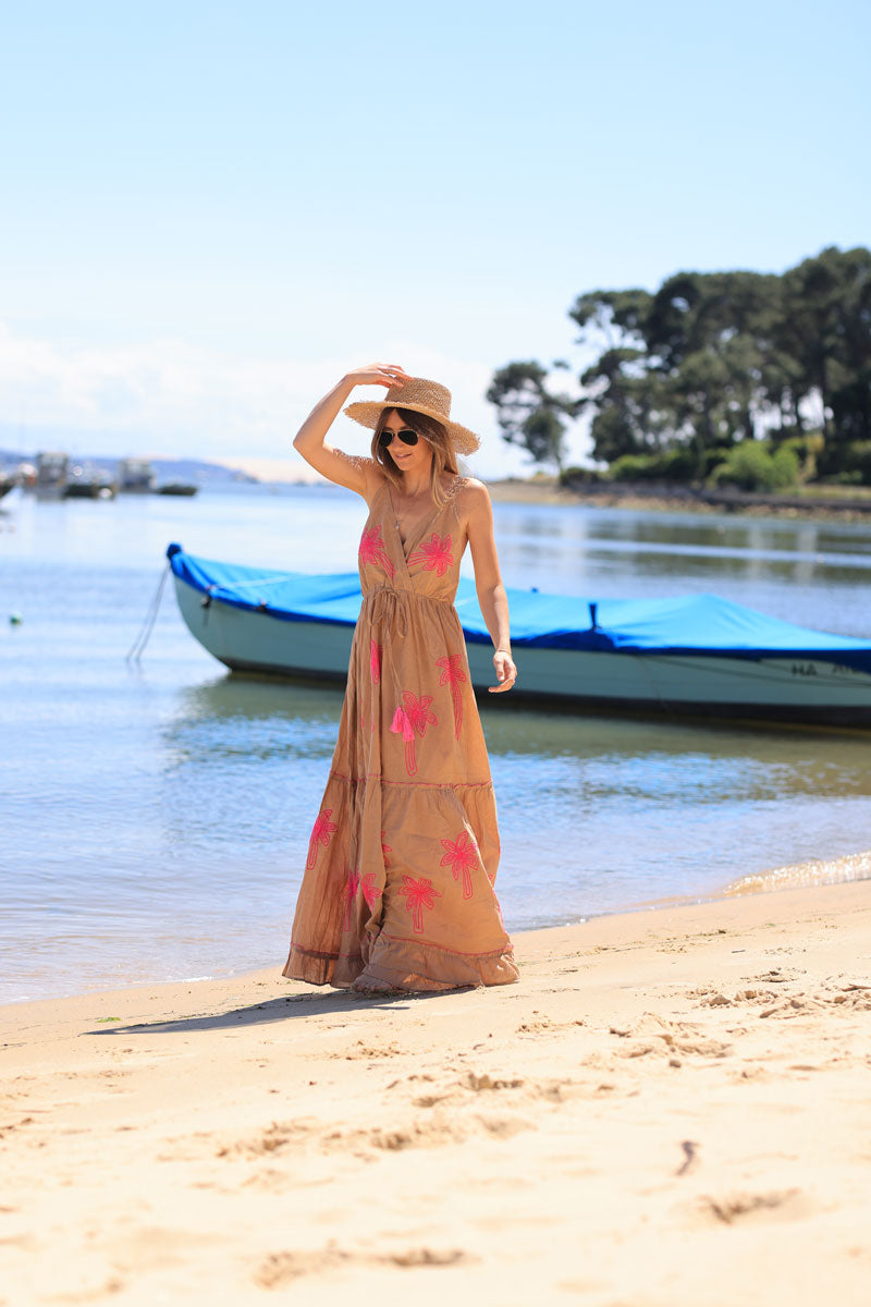 Camel strappy maxi dress with yellow palm embroidery