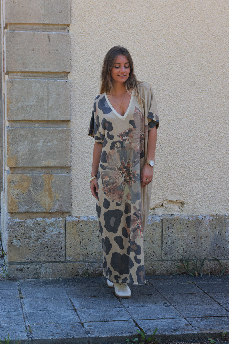 Robe longue camel brillante doree imprime fleurs et grand leopard