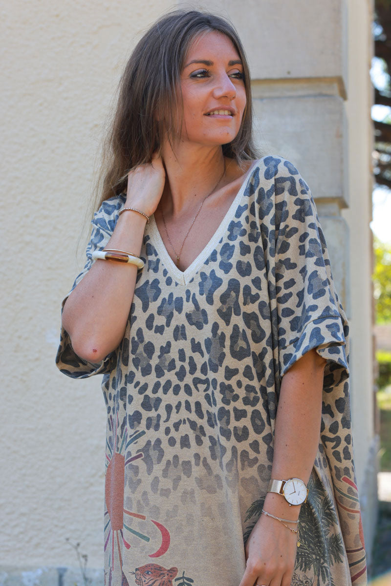 Robe longue camel brillante gold imprime leopard palmiers soleil et animaux