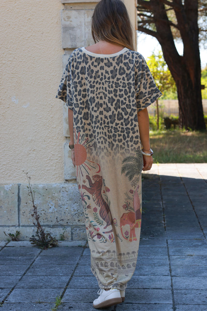 Robe longue camel brillante gold imprime leopard palmiers soleil et animaux