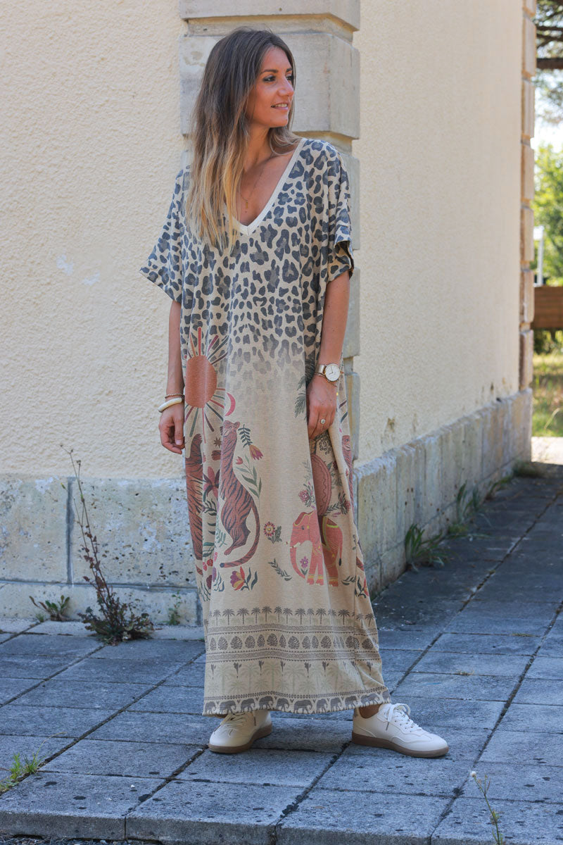 Robe longue camel brillante gold imprime leopard palmiers soleil et animaux