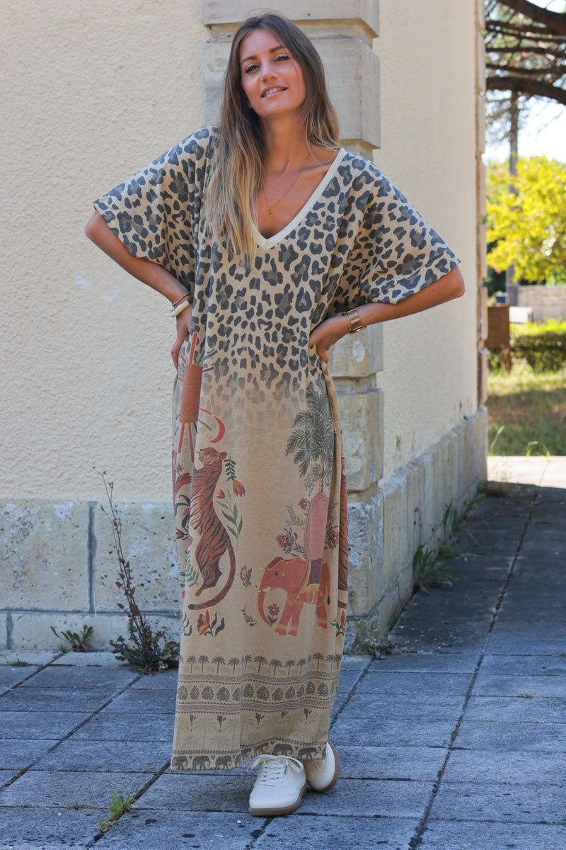 Robe longue camel brillante gold imprime leopard palmiers soleil et animaux