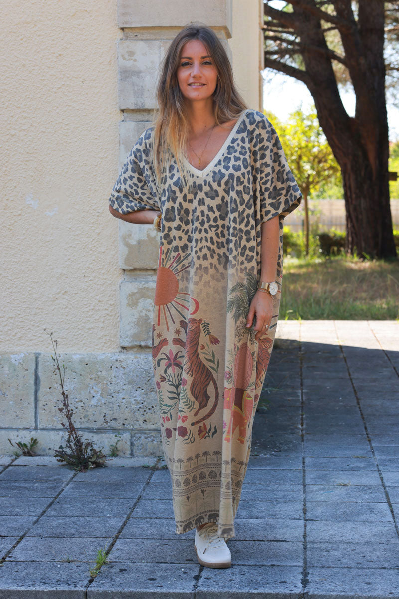 Robe longue camel brillante gold imprime leopard palmiers soleil et animaux