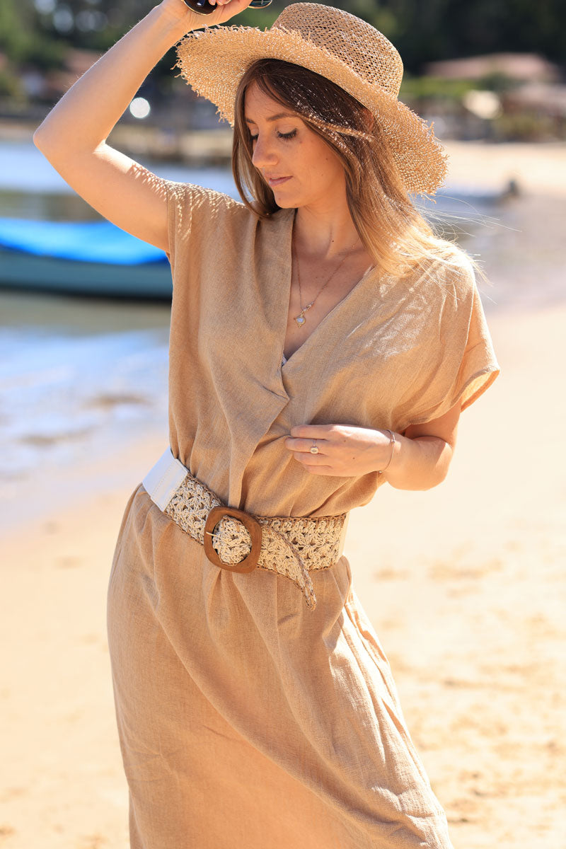 Camel woven v-neck cotton maxi dress