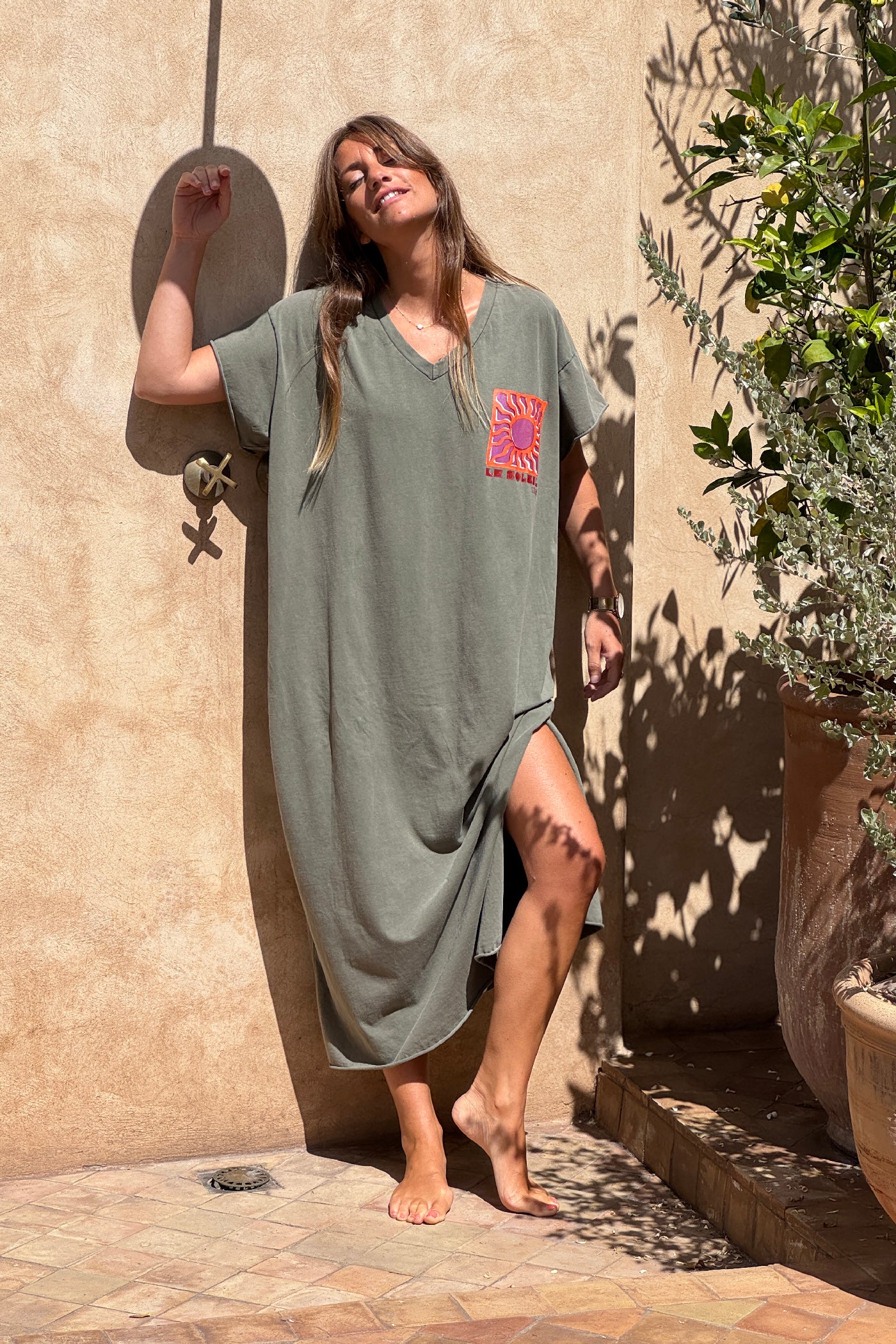 Khaki Le Soleil V-Neck T-Shirt Dress