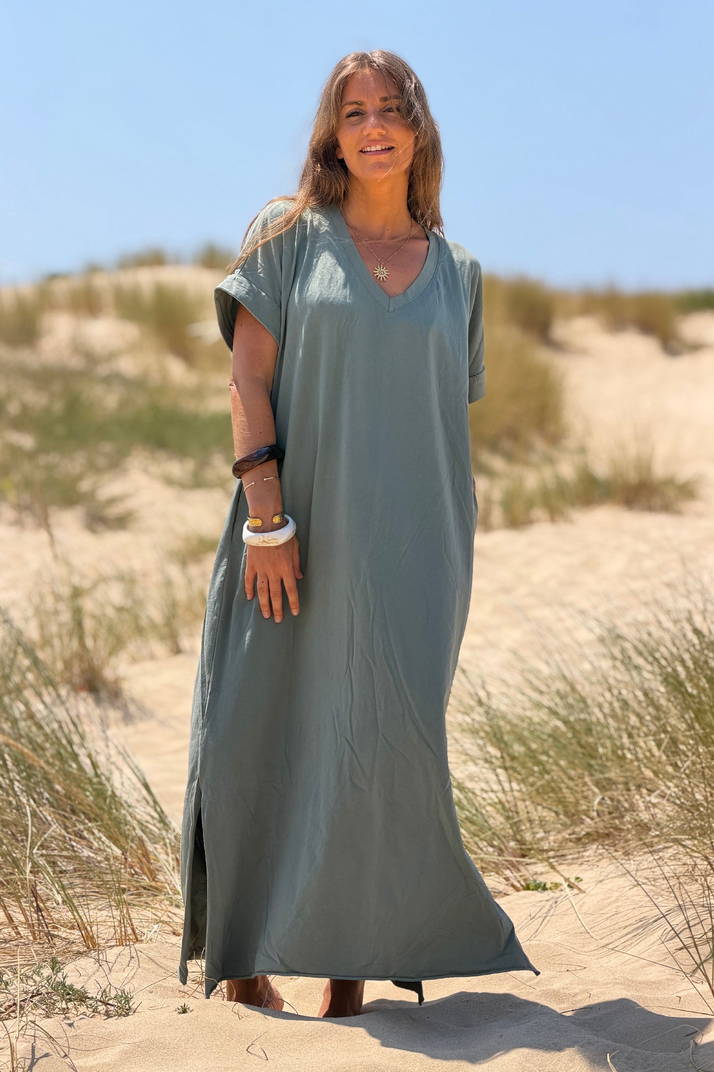 Olive “Somewhere Beyond the Sea” Maxi Shirt Dress