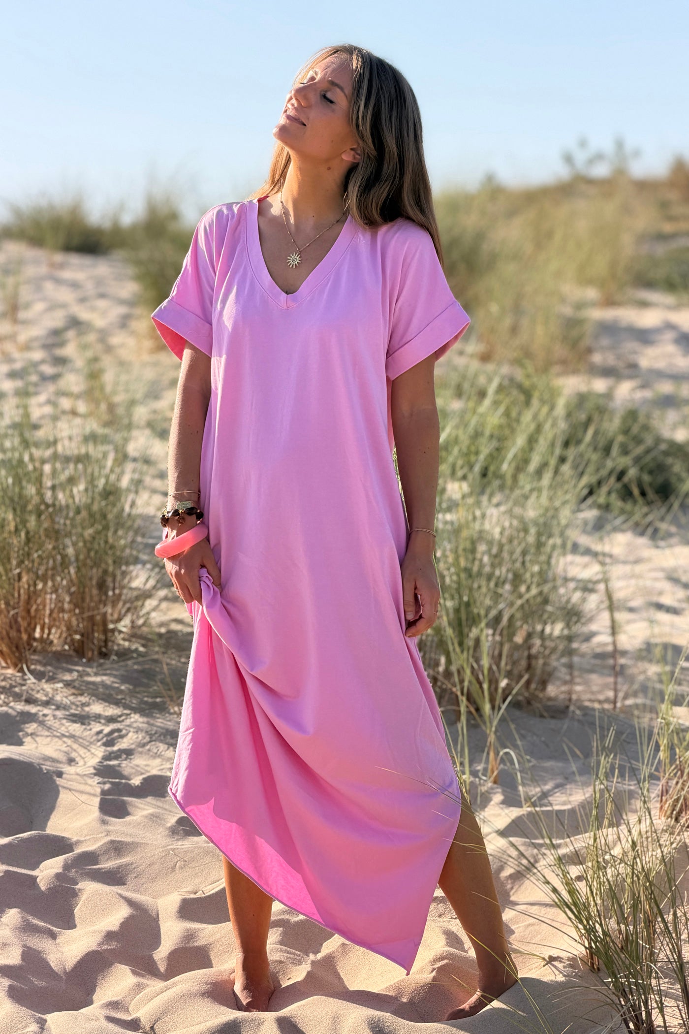 Bubblegum Pink“Somewhere Beyond the Sea” Maxi Shirt Dress
