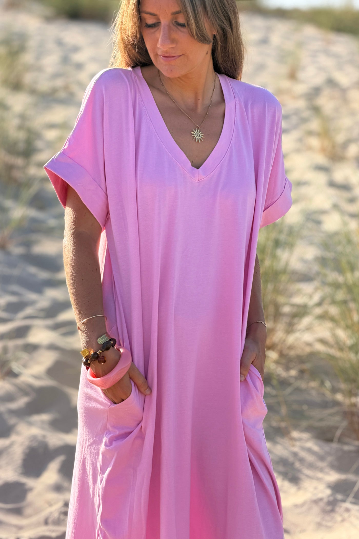 Bubblegum Pink“Somewhere Beyond the Sea” Maxi Shirt Dress
