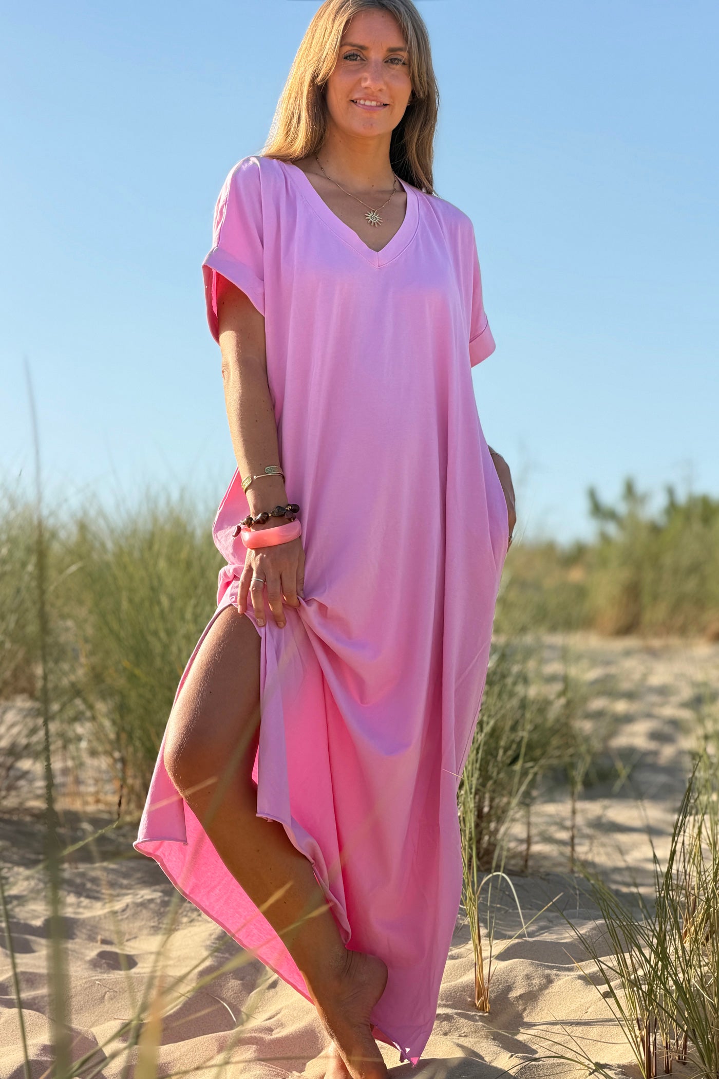 Bubblegum Pink“Somewhere Beyond the Sea” Maxi Shirt Dress
