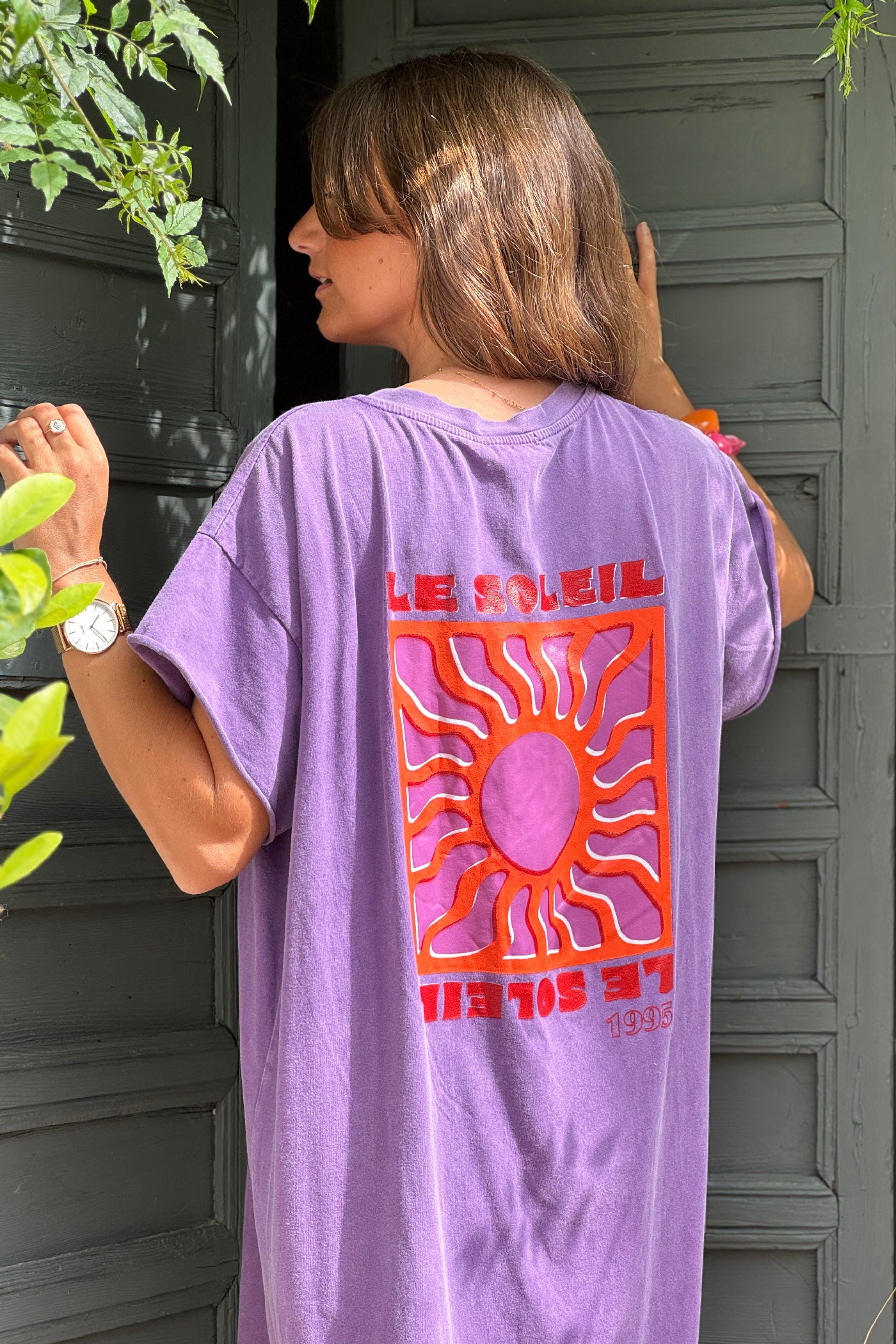 Robe longue confort violet délavé en coton stretch col v imprimé le soleil