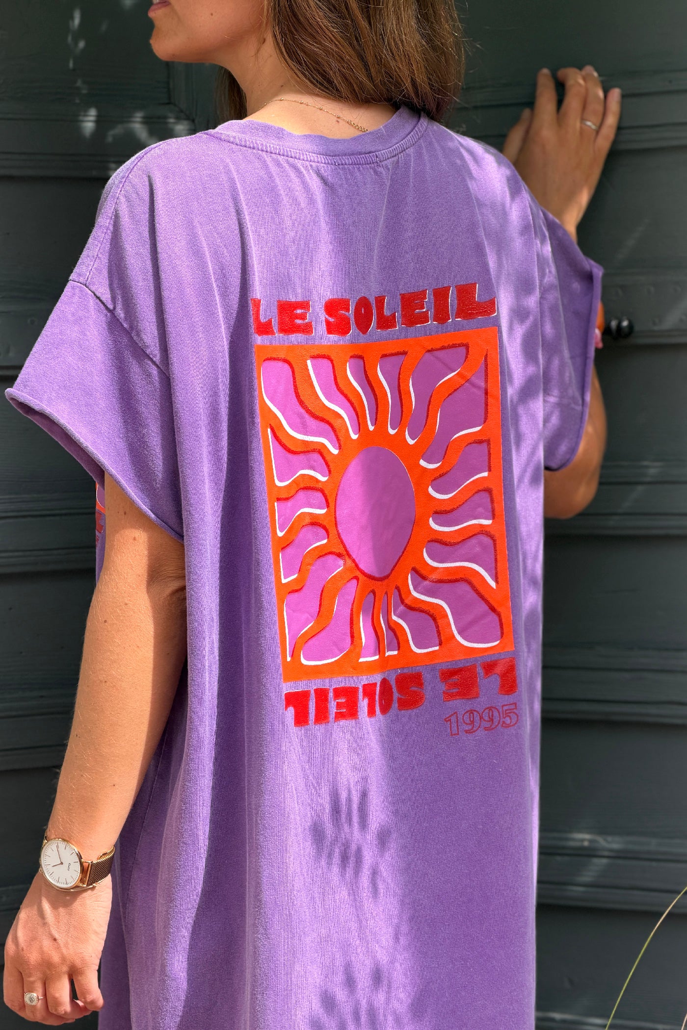 Robe longue confort violet délavé en coton stretch col v imprimé le soleil