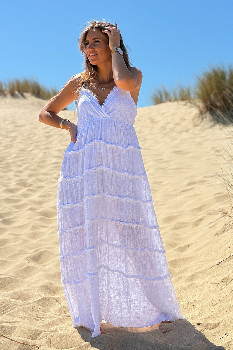 Robe longue doublée blanche à bretelles détails franges