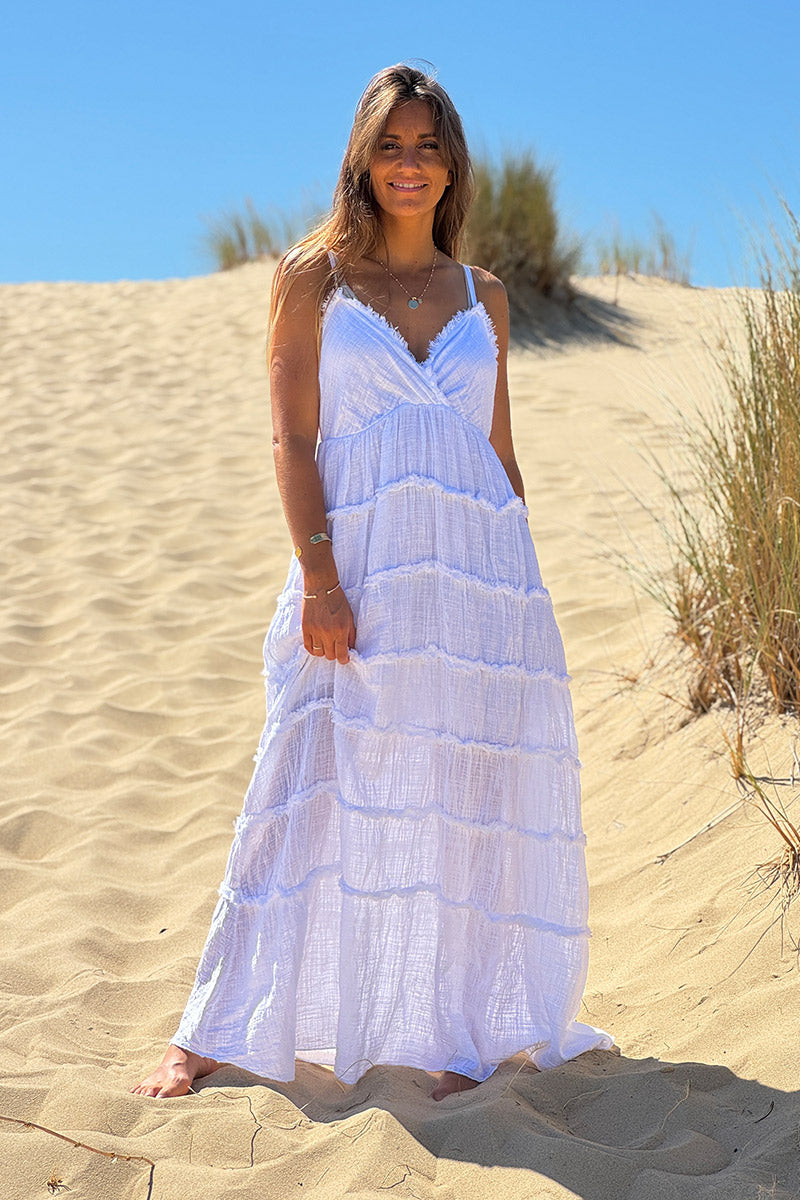 White Tiered Linen Boho Maxi Dress