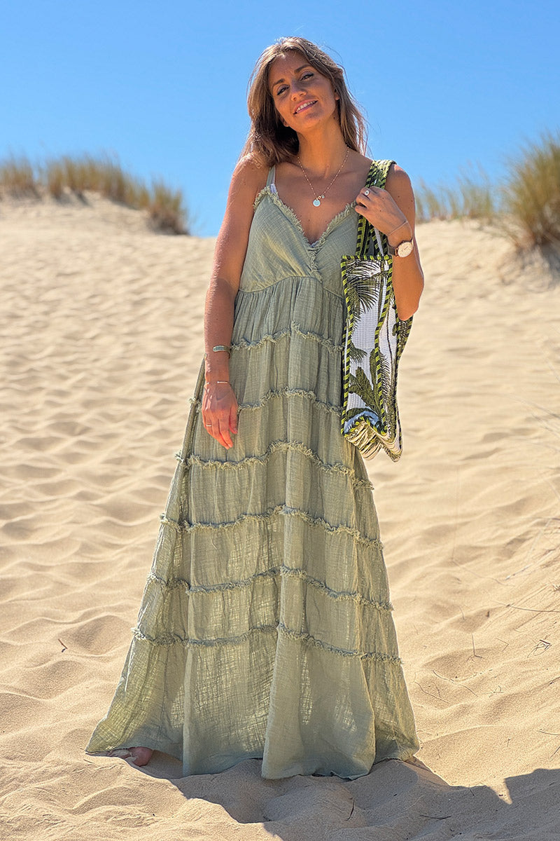 Robe longue doublée kaki à bretelles détails franges