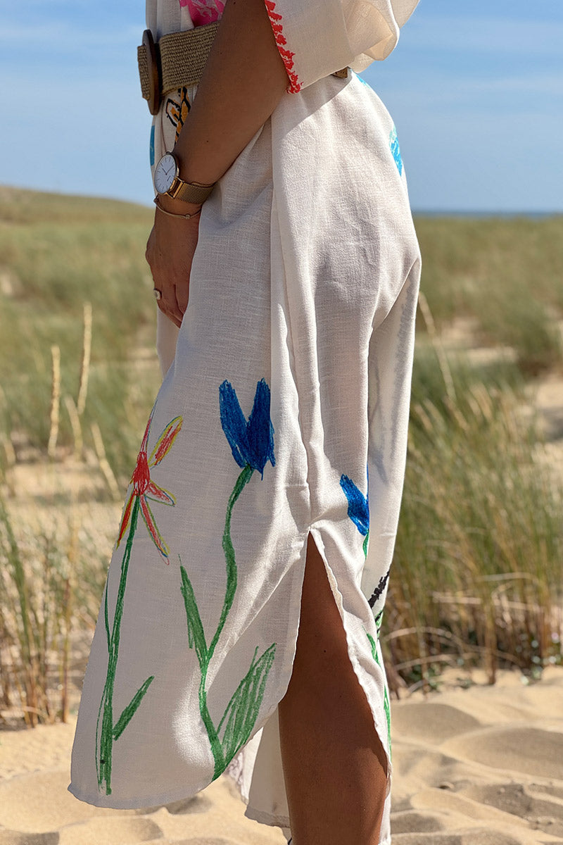 Cream Floral Naive Art Caftan