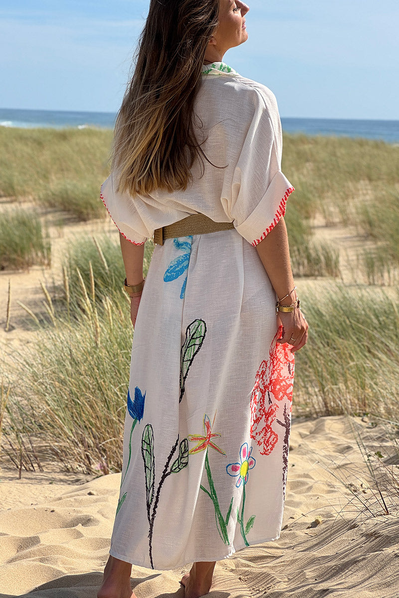 Cream Floral Naive Art Caftan