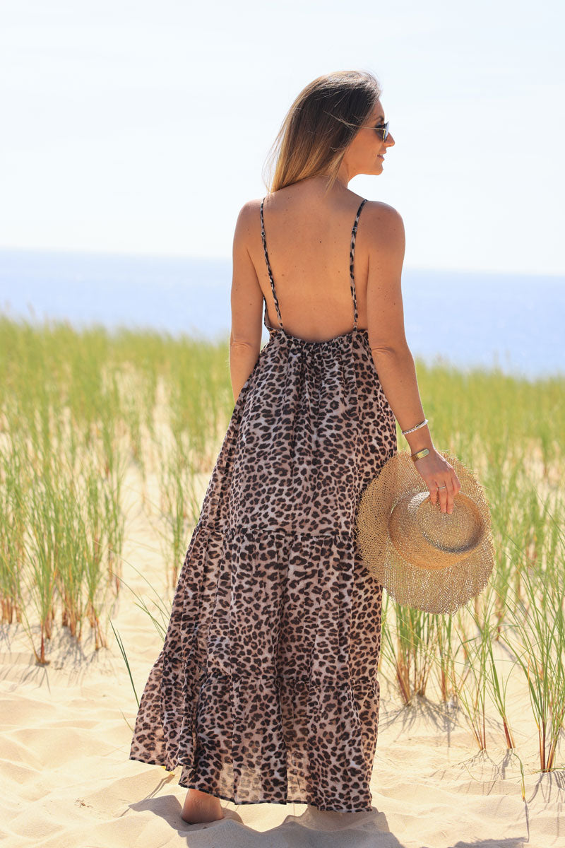 Leopard print strappy maxi cotton dress