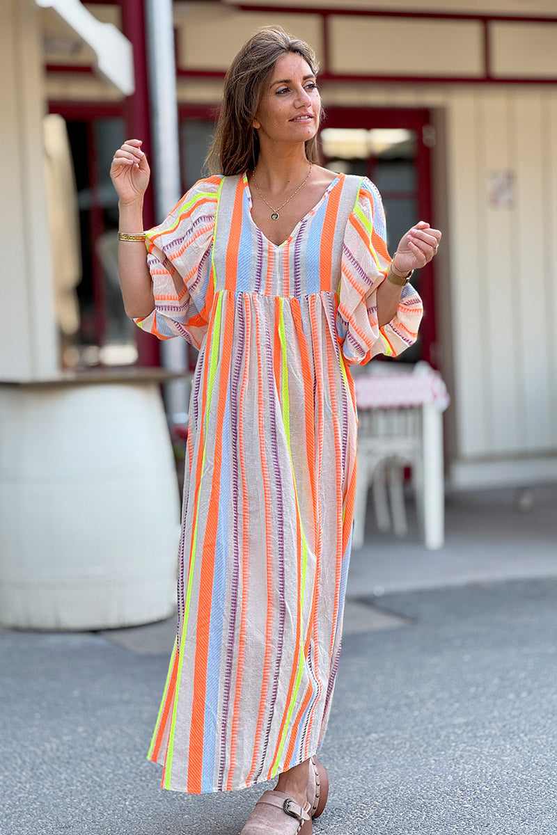 Robe longue en coton broderie ethnique fluo orange