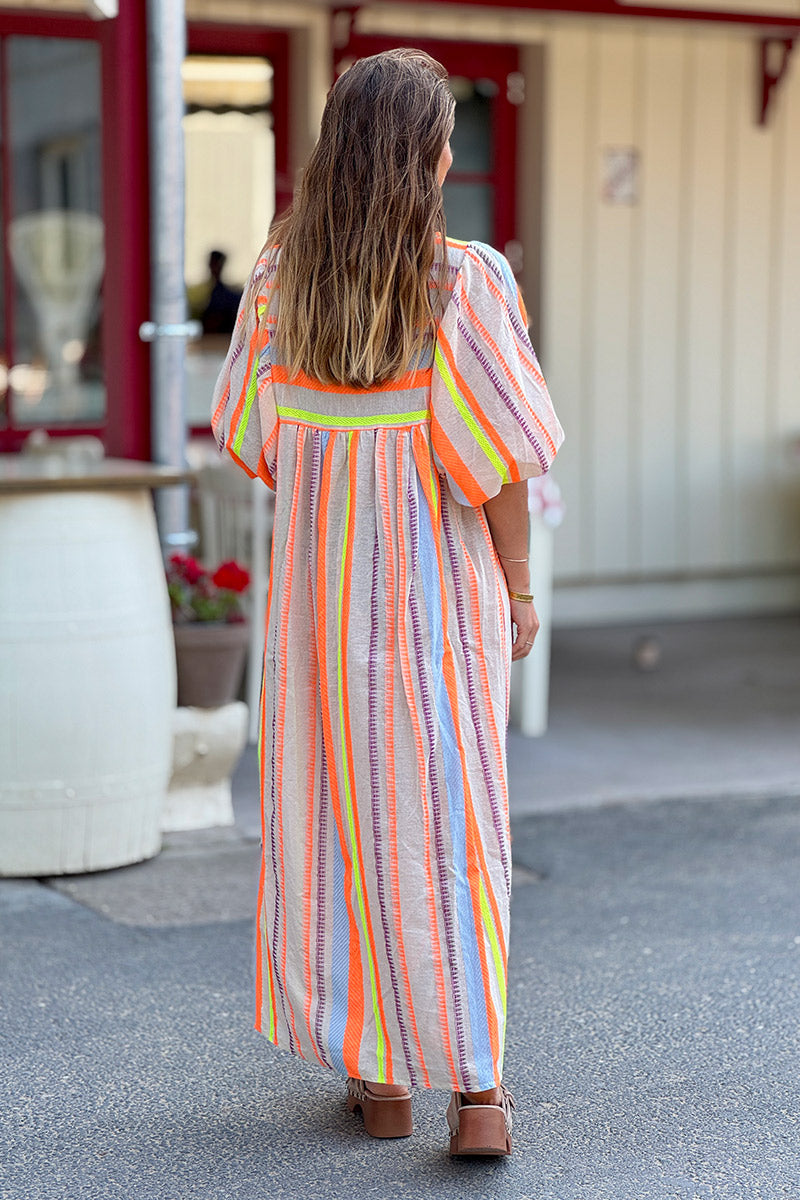 Robe longue en coton broderie ethnique fluo orange