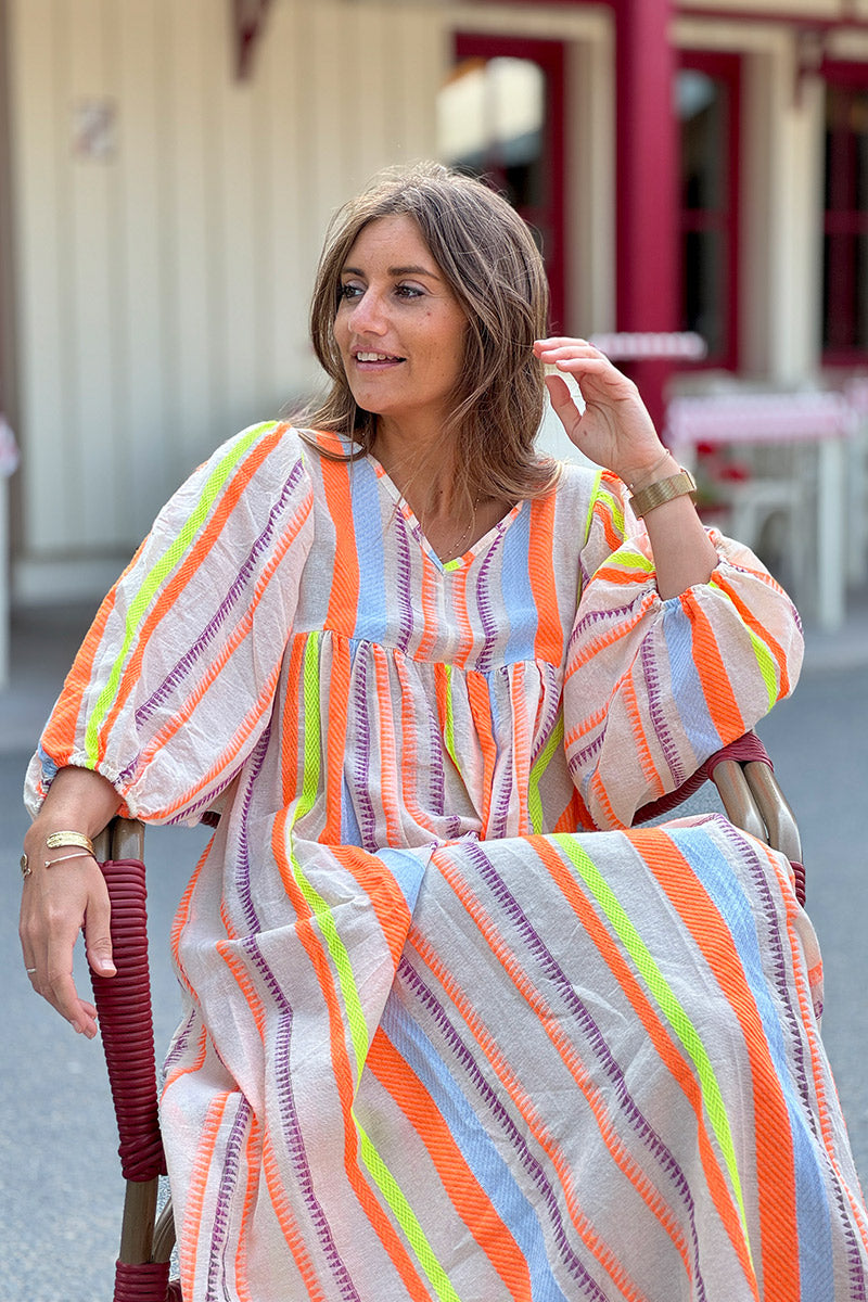 Robe longue en coton broderie ethnique fluo orange
