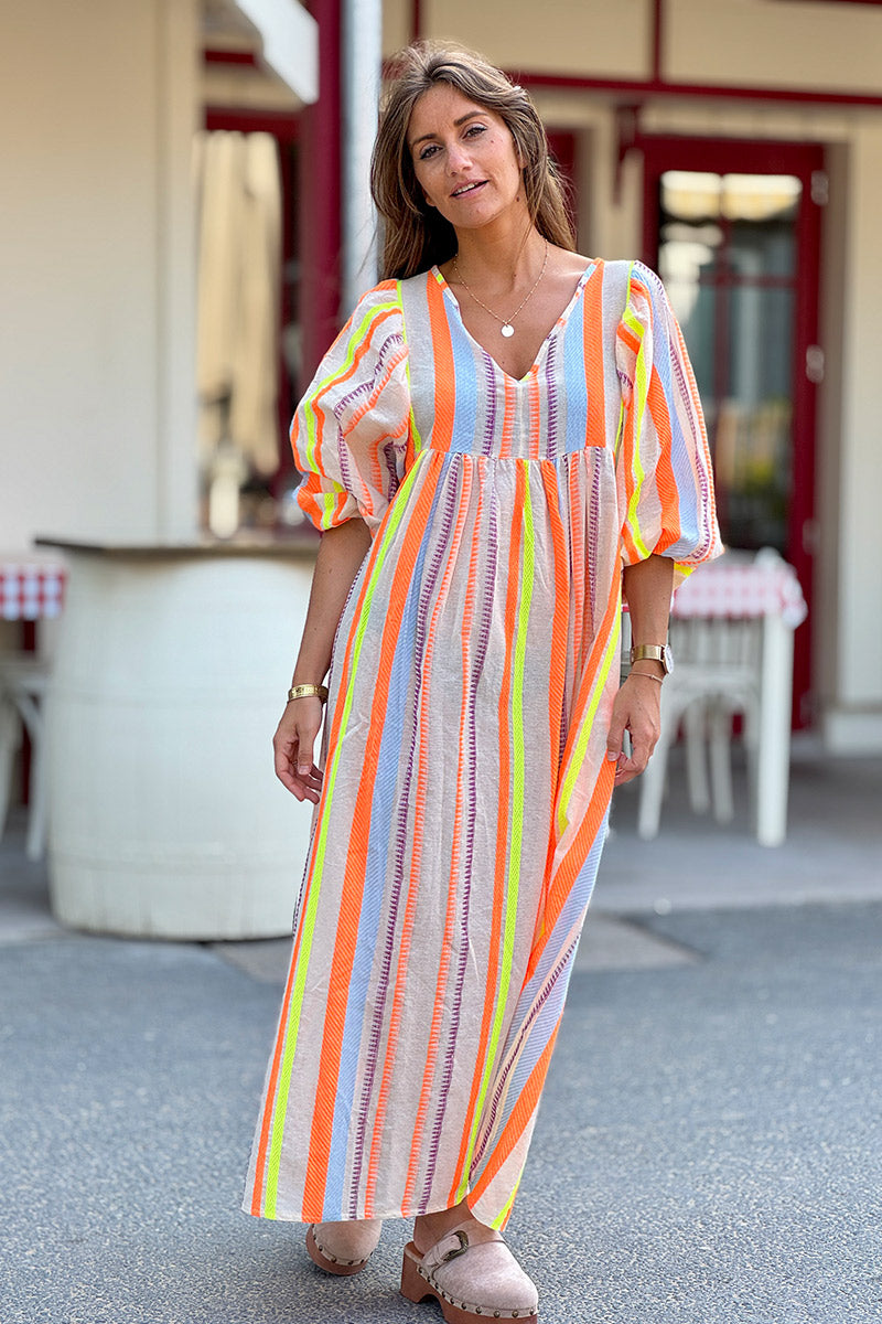 Robe longue en coton broderie ethnique fluo orange