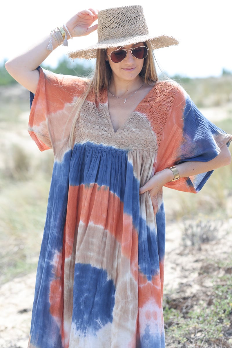 Cotton and lace maxi dress with terracotta and blue tie dye print