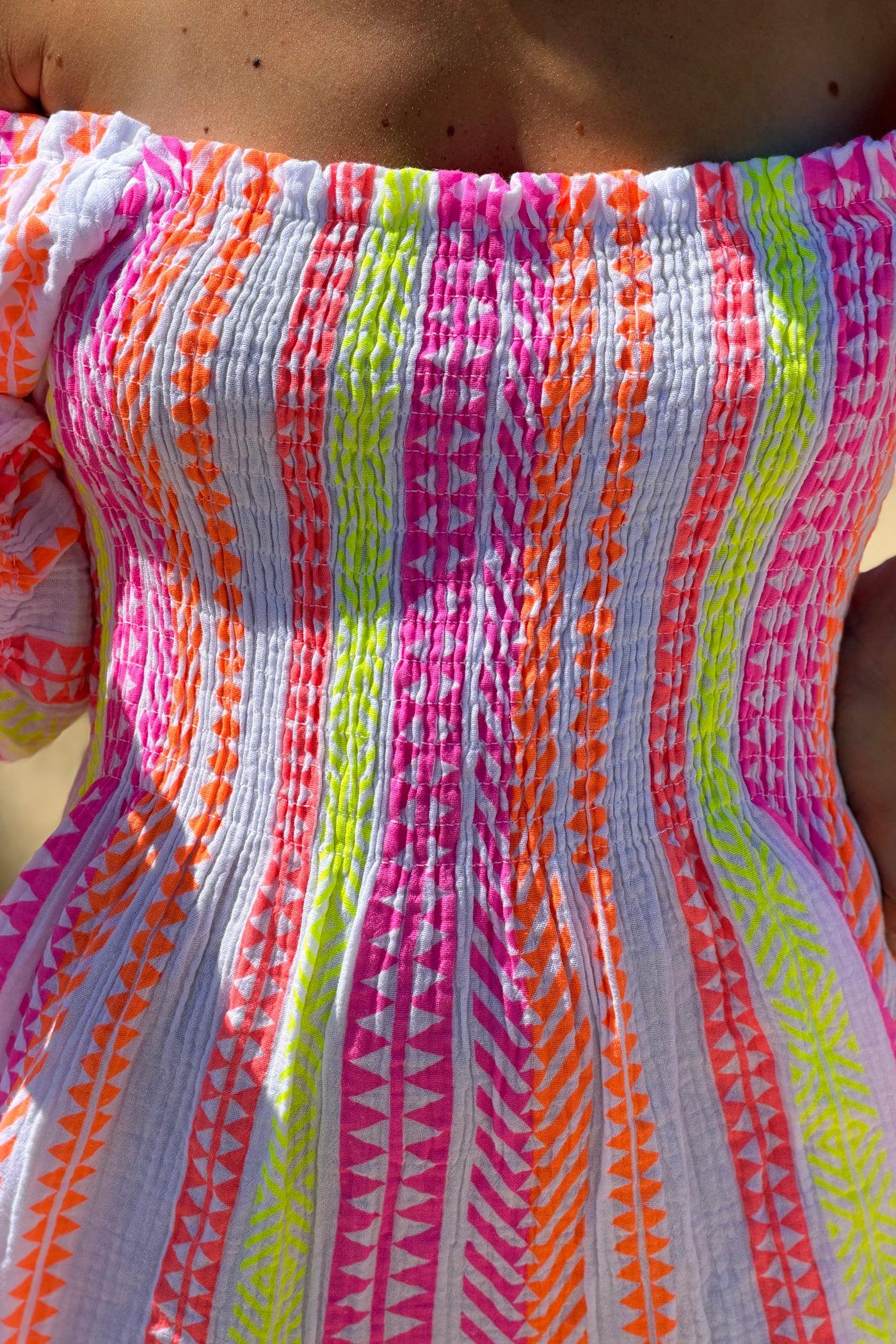 White Gauze Neon Patterned Tiered Maxi Dress