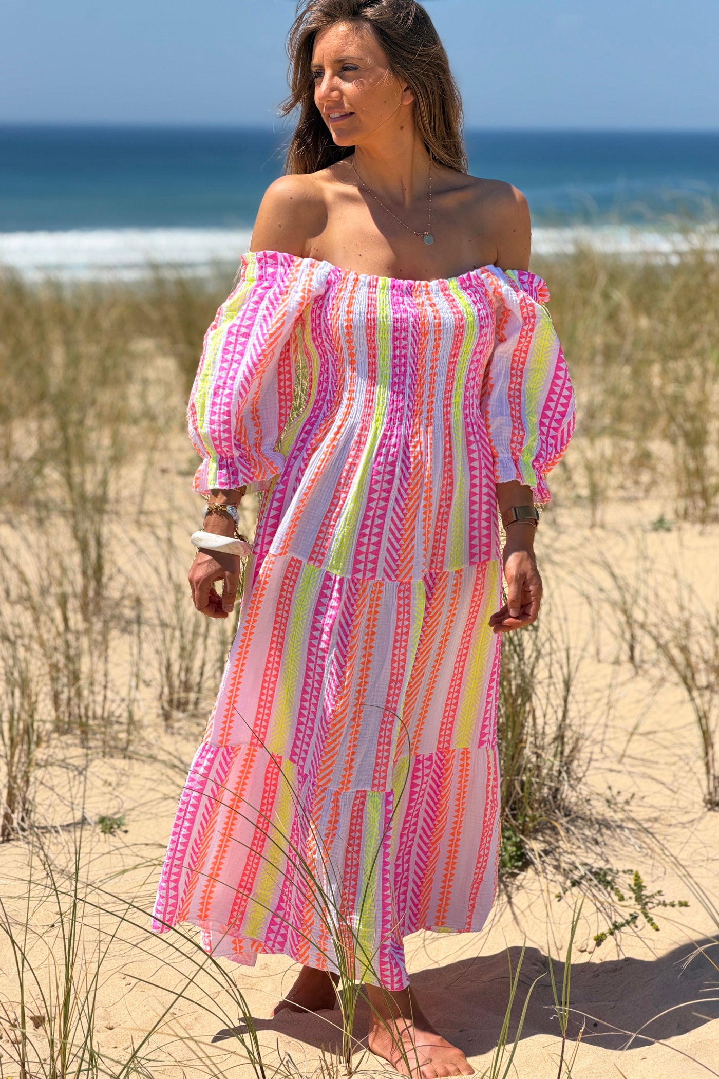 White Gauze Neon Patterned Tiered Maxi Dress