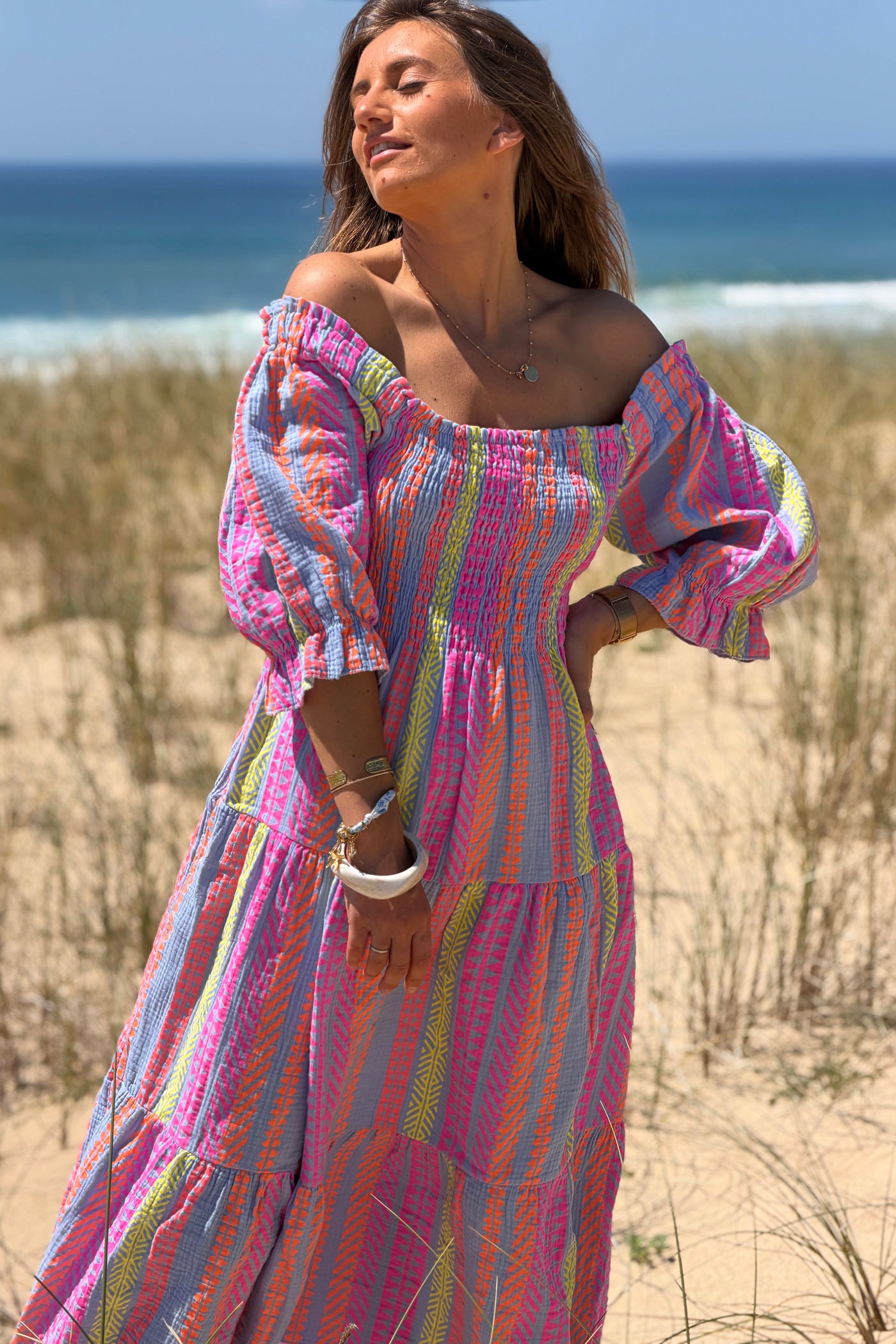 Blue Gauze Neon Patterned Tiered Maxi Dress