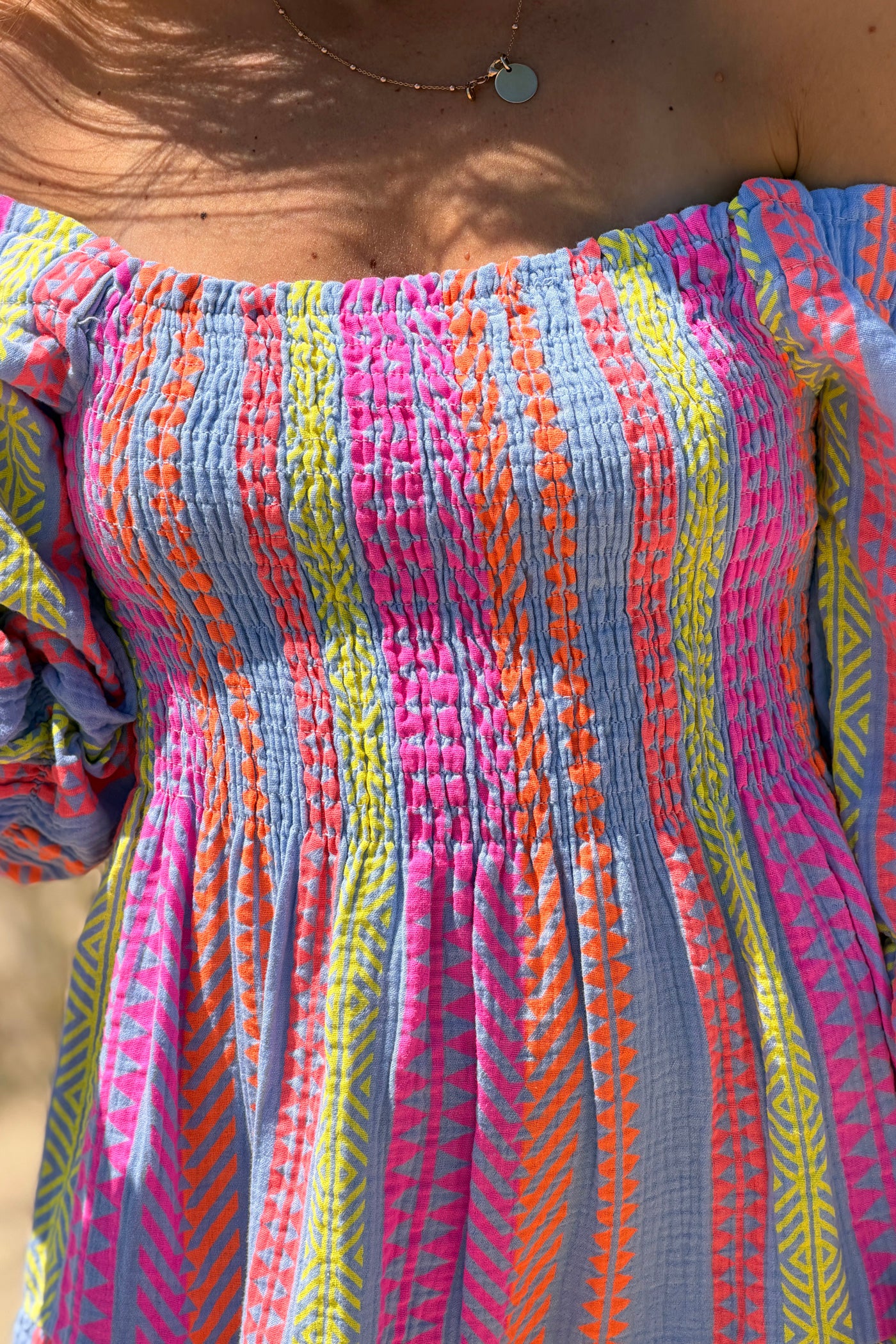 Blue Gauze Neon Patterned Tiered Maxi Dress