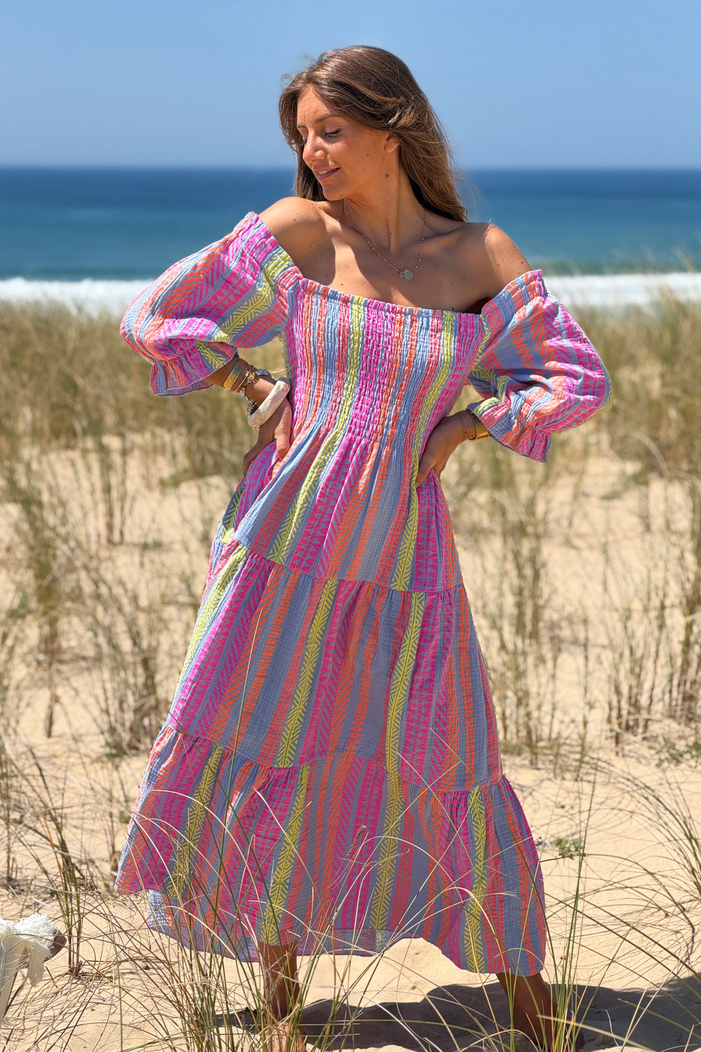 Blue Gauze Neon Patterned Tiered Maxi Dress