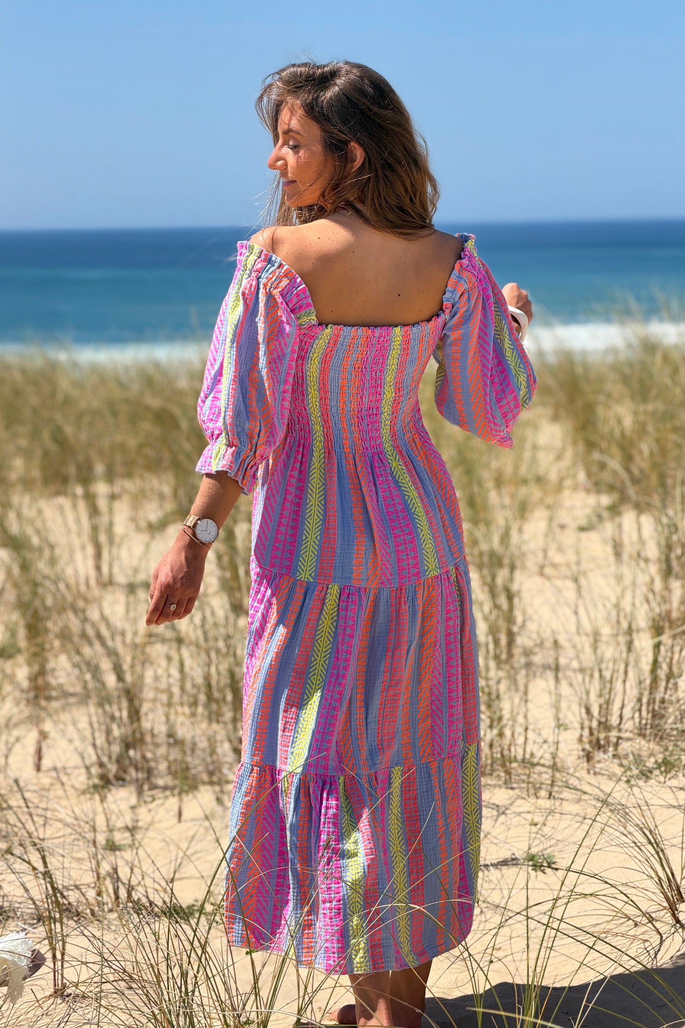 Blue Gauze Neon Patterned Tiered Maxi Dress