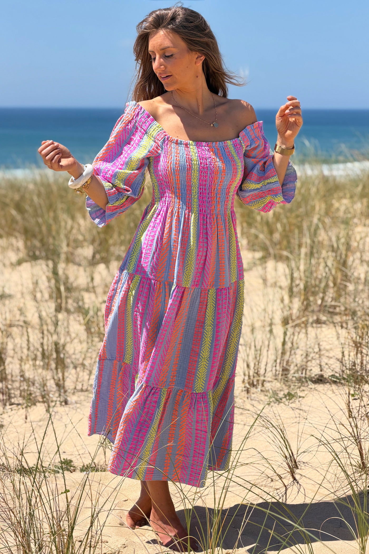 Blue Gauze Neon Patterned Tiered Maxi Dress
