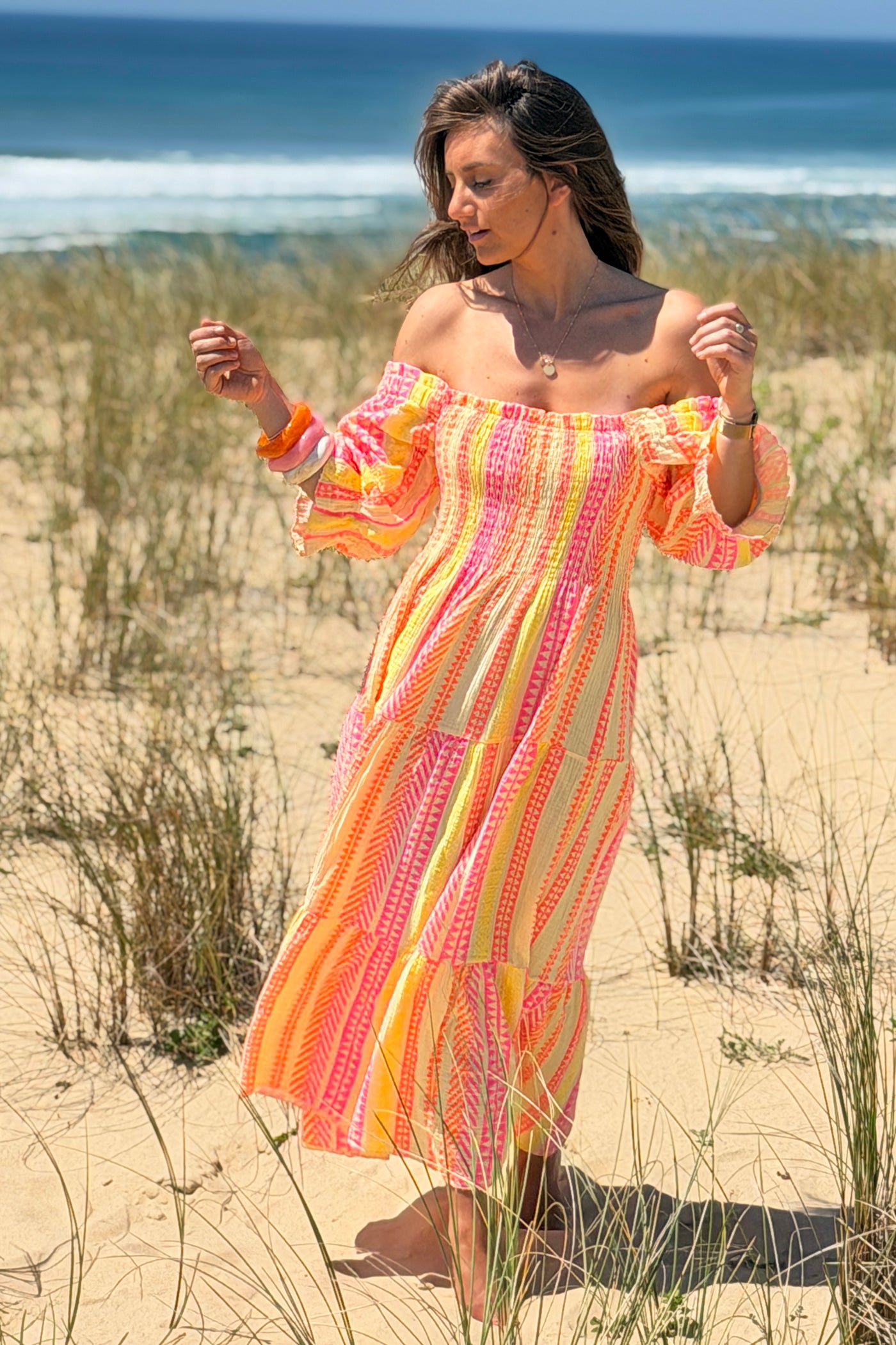 Yellow Gauze Neon Patterned Tiered Maxi Dress