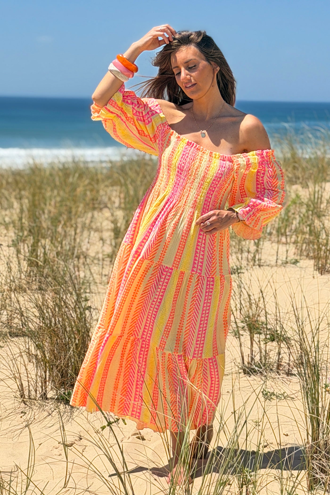 Yellow Gauze Neon Patterned Tiered Maxi Dress