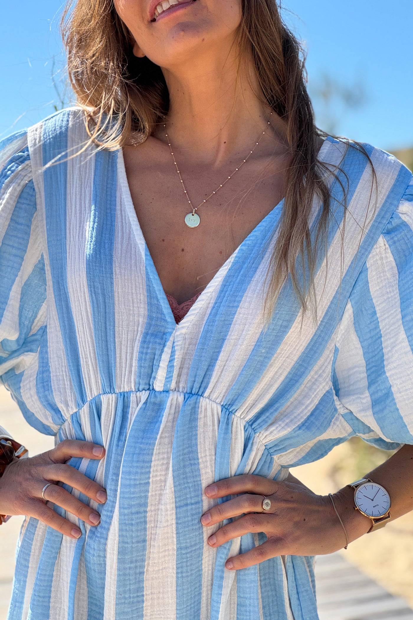 Blue Cabana Stripe Gauze Blouson Dress