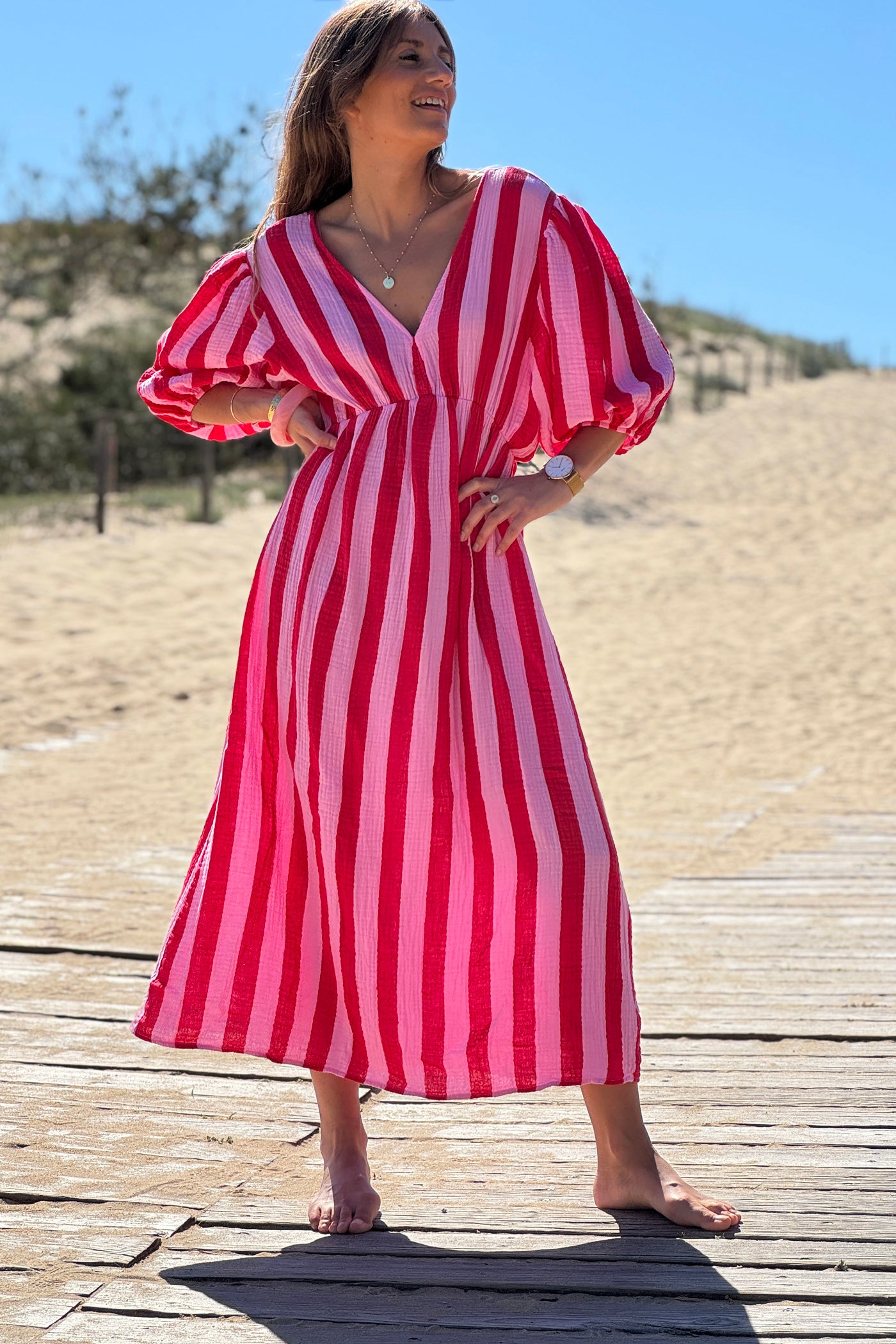 Pink Cabana Stripe Gauze Blouson Dress