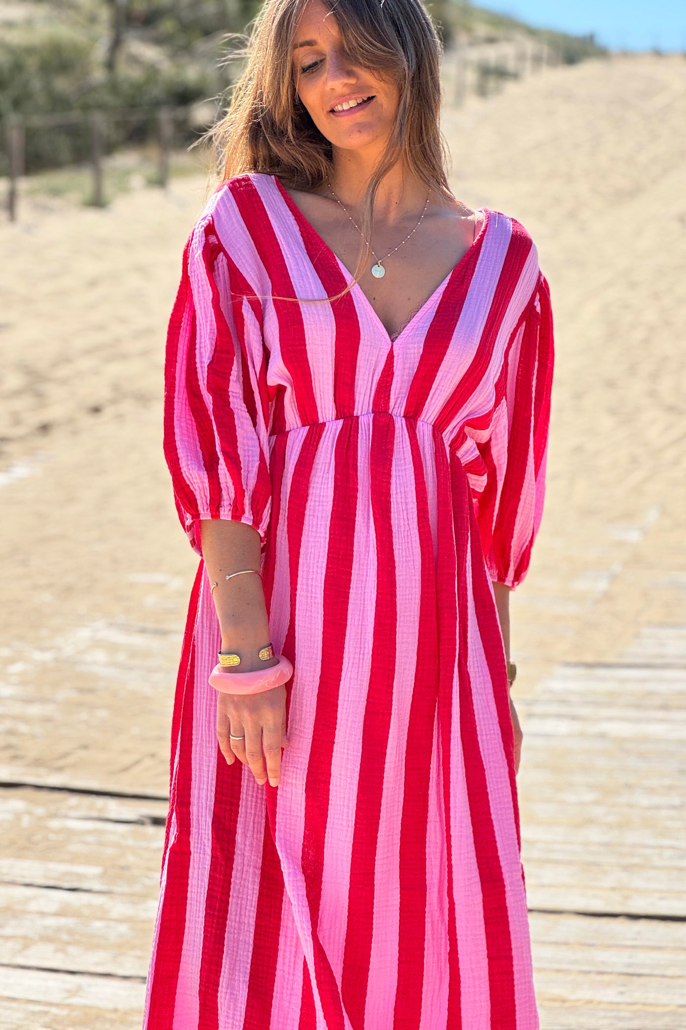 Pink Cabana Stripe Gauze Blouson Dress