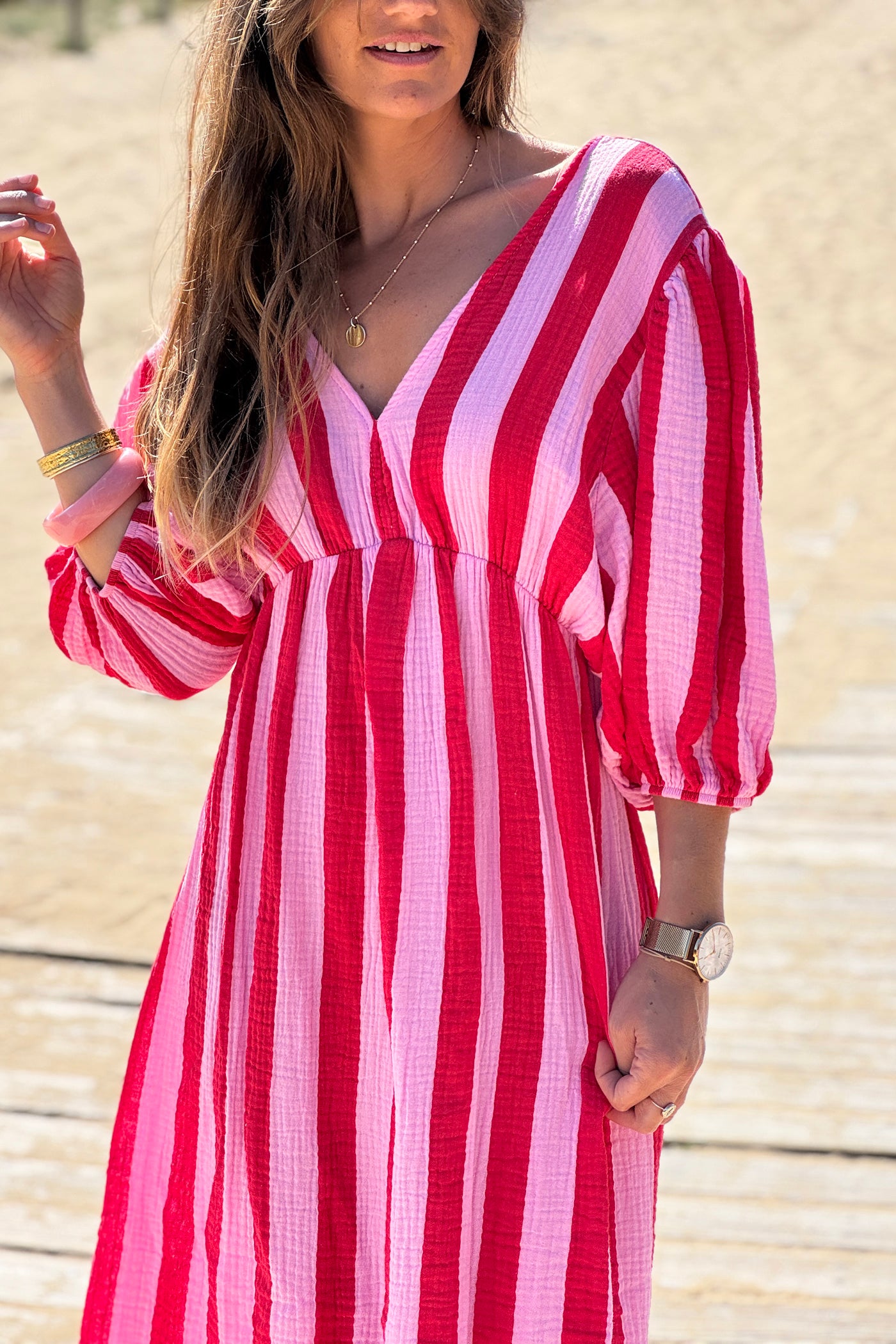 Pink Cabana Stripe Gauze Blouson Dress